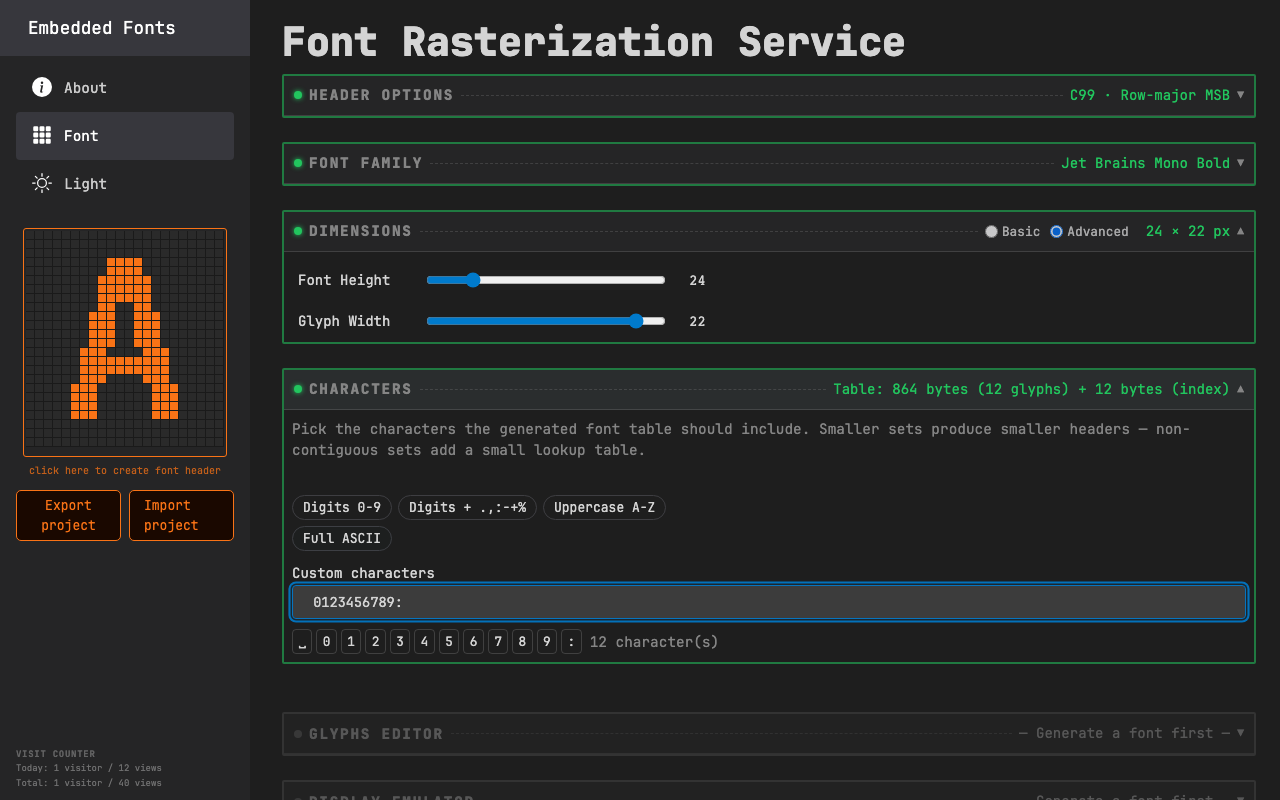 character subset selector with flash size counter for embedded font