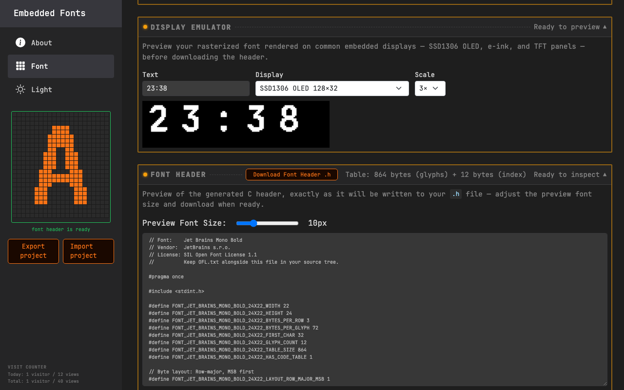 generated C header file with bitmap font data for STM32 Arduino